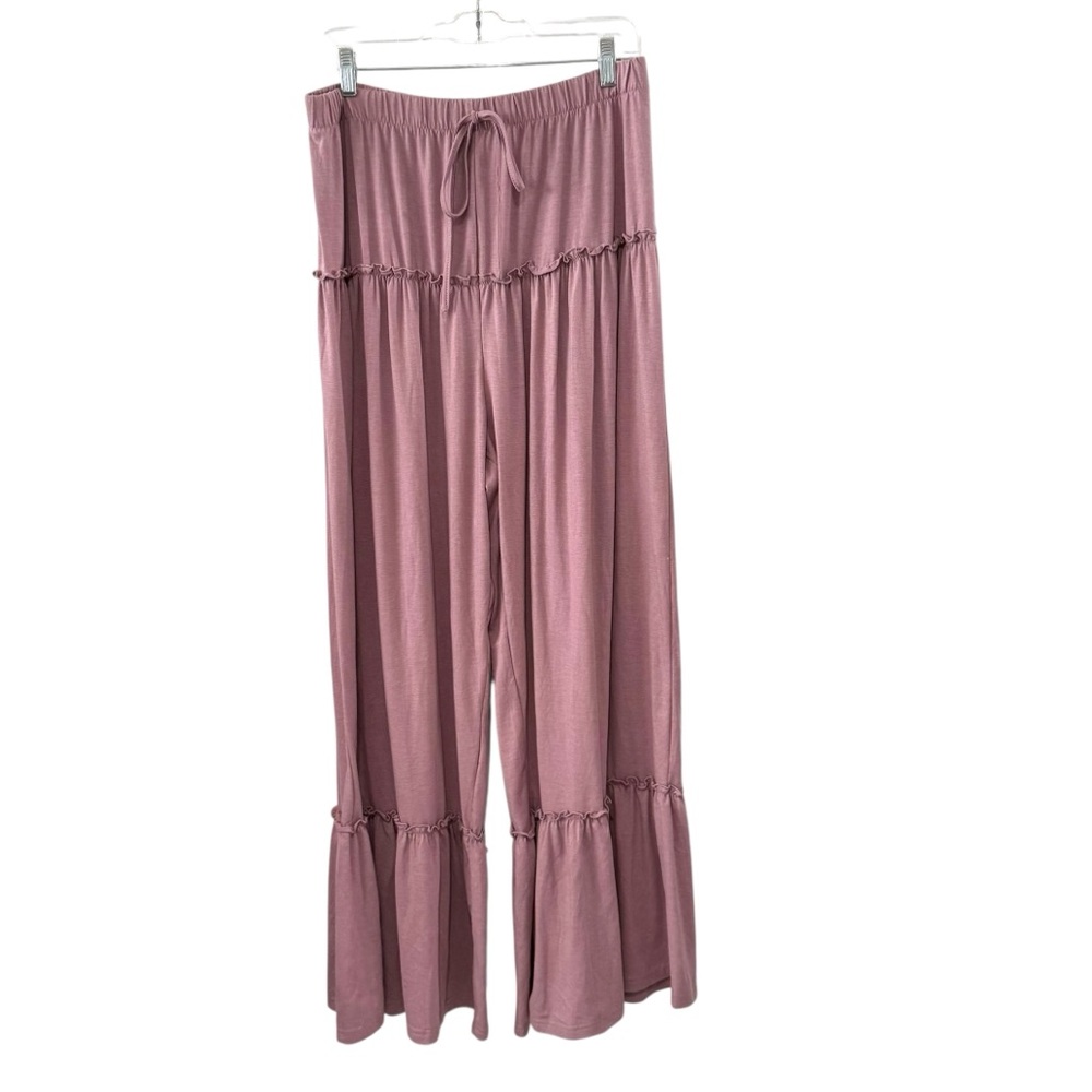 SHEIN XL Mauve Tiered Ruffle Hem Wide Leg Pants High Waisted Elastic Waist